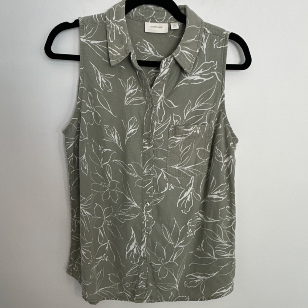 ecothreads Green‎ Floral Linen Rayon Sleeveless Button-Up Shirt S Women's
